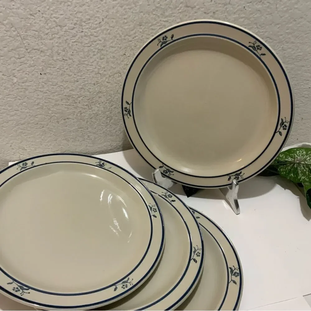 SCANDIA Blue DINNER PLATES Set Stoneware Floral Flowers Dishes  4 Brickoven G3